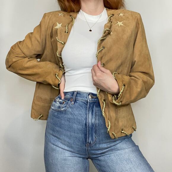 Vintage 80s Size 14 Neutral Tan Western Style Open Front Suede Leather Jacket - Picture 1 of 12
